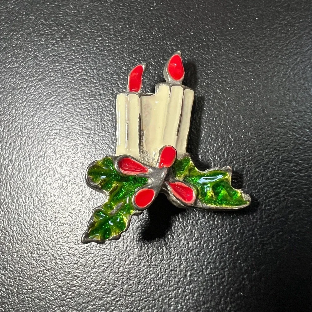 Vintage Holiday Candle Holly Brooch‎ Silver Tone Enamel Christmas Pin